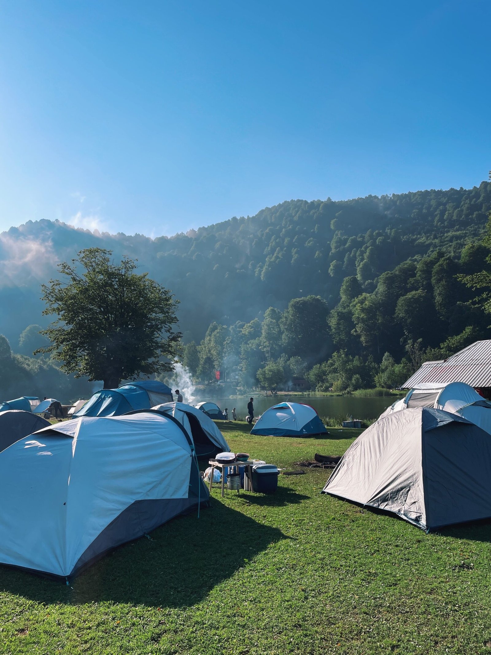Camping tents set up on a grassy lakeside campground surrounded by forested mountains under a clear blue sky.